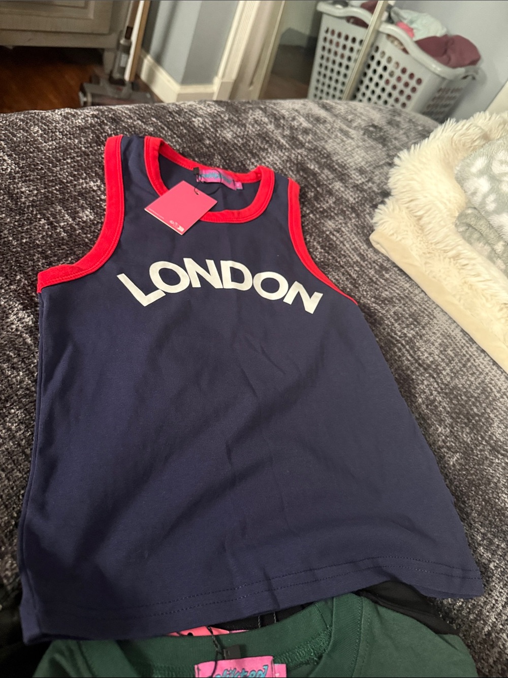 Edikted Navy Tank Top with Red Trim and 'LONDON' Print